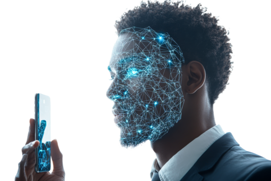 Man interacting with digital technology at sunset