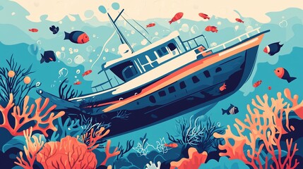 Sunken Ship with Marine Life Vector Art Depicting Underwater Scene with Coral and Fishes