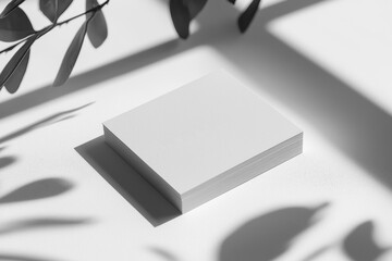 Blank business cards on white background with shadows from leaves creating a natural, minimalistic visual appeal for design mockup