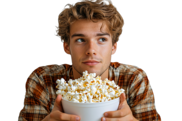 Young man thinks while eating popcorn