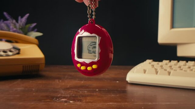 Tamagotccchii Pets Digital Toys 90's retro vintage game, japanese retro classic toy close up. 