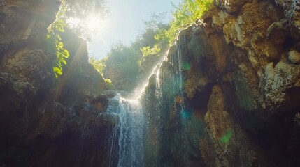 Obraz premium A waterfall cascading through a narrow gorge, sunlight creating a mesmerizing play of light and shadow on the rock walls.