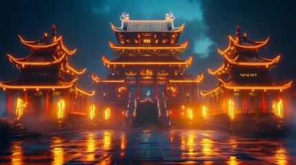 Fototapeta premium Neon Temple Ancient China at Night