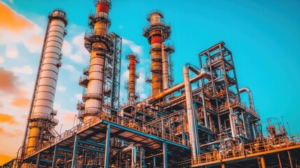 Fototapeta premium Majestic industrial refinery complex under a vibrant sky, showcasing intricate pipelines and towering structures.