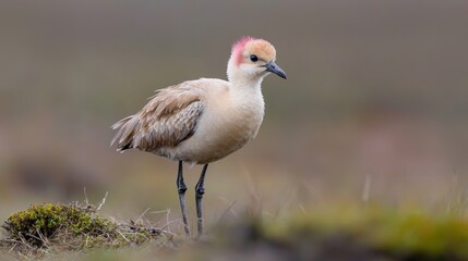 Fototapeta premium Tawny-throated dotterel standing on the grassy tundra under soft overcast daylight.