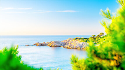 A stunning coastal landscape with clear skies and gentle waves lapping against the shore. The scene portrays calmness and tranquility with vibrant greenery and rocky formations.
