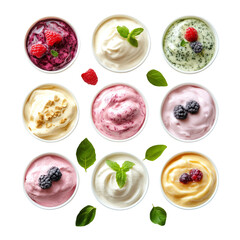 Assorted Ice Cream Flavors in Bowls Isolated on Transparent Background