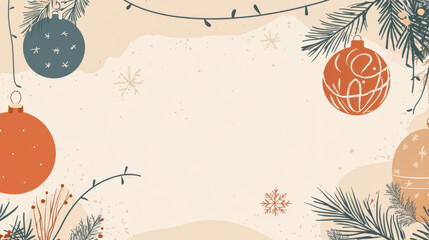 Festive holiday background with Christmas ornaments, pine branches, and snowflakes. Perfect for seasonal greetings and celebrations
