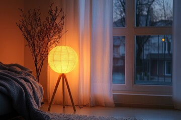 Cozy living room ambiance featuring warm lighting and decorative elements in a serene evening setting
