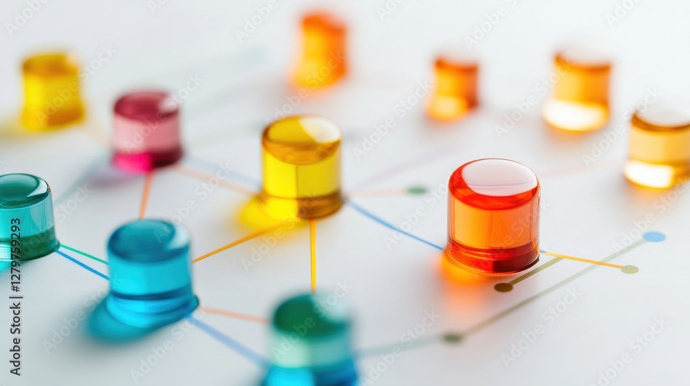 Poster colorful transparent shapes arranged on a light background, illustrating connectivity and design con