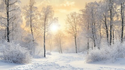 A winter wonderland with snow-covered trees and a soft pastel sunrise, open sky for text placement.