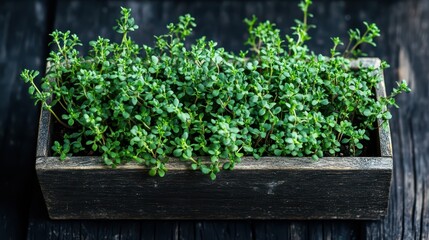 Fresh thyme growing in wooden planter box