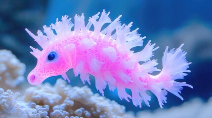 Naklejka premium Pink seahorse in aquarium exhibit, underwater, coral reef