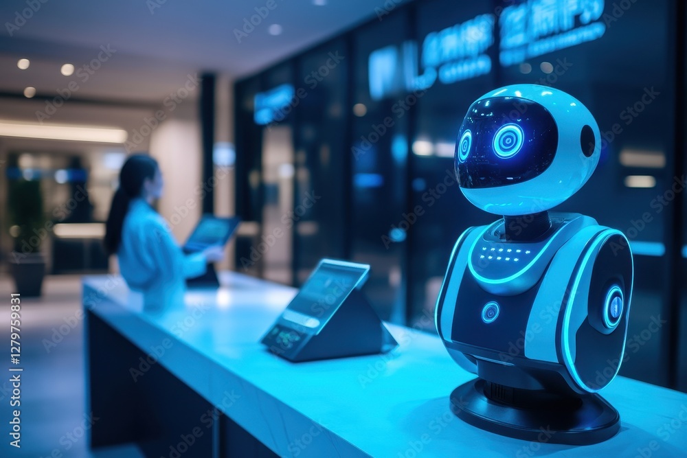 Fototapete Robots assist in futuristic office setting with interactive technology during the daytime