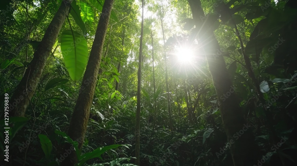 Poster dense green forest with towering trees and sunlight filtering through leaves, ample copy space.