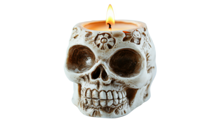 Colorful skull candle lit on decorative display