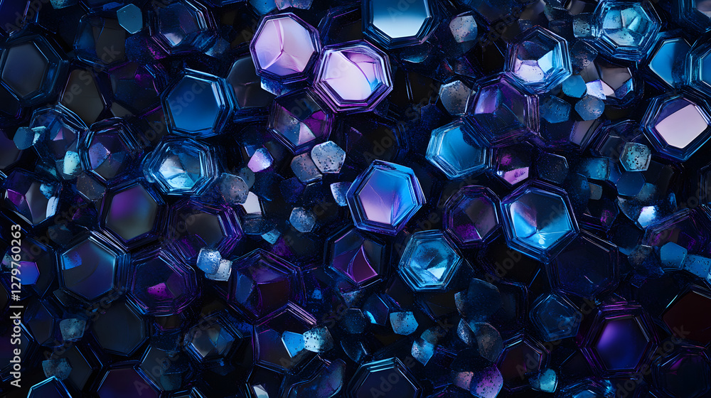 Poster a mesmerizing array of shimmering hexagonal shapes in deep blues and purples creating a captivating 