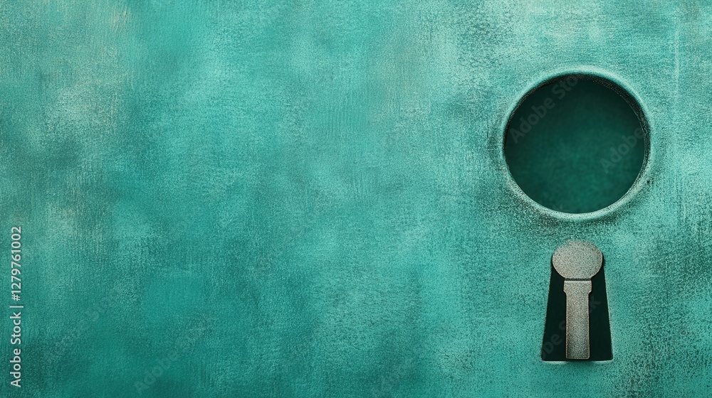Poster close-up of a textured turquoise wall with a circular cutout and a keyhole mechanism