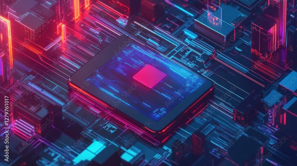 Poster complex integrated circuit processing data on a futuristic electronic circuit board with glowing neo