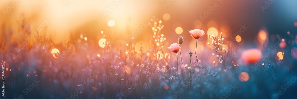 Poster captivating wildflower meadow bathed in warm sunset hues, with soft bokeh lights creating a serene a