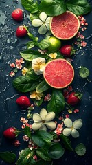 Fresh fruit & flowers arrangement on dark background