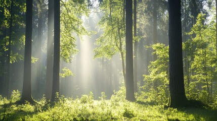 Lush green forest with sunlight filtering through tall trees, soft mist in the background, ample copy space.