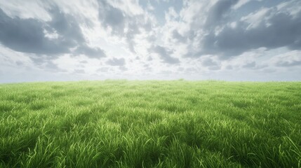 Obraz premium Lush green grassland under a dramatic cloudy sky, perfect for a peaceful nature scene.