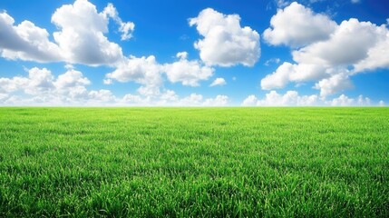 Obraz premium Lush green grassland under a dramatic cloudy sky, perfect for a peaceful nature scene.