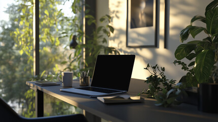 Fototapeta premium Home Office Work Table with Laptop Elegant Home Office with Cozy Luxury Interior Workspace Black Monitor of Laptop with Mouse Chic Indoor for Working in Home Interior Design for Freelancer