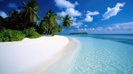 Pristine coral island, soft waves rolling onto a curved white sand beach.