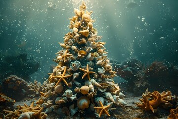Underwater Christmas Tree A Surreal Holiday adorned with Seashells and Starfish