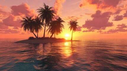 Remote desert island under a vibrant sunset sky, calm waters reflecting the warm colors.