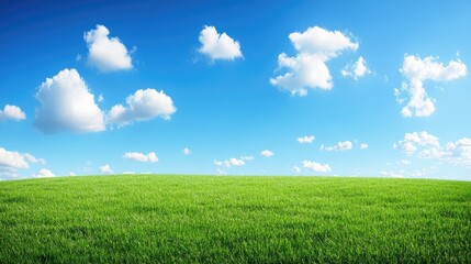 Obraz premium Rolling green hills under a bright blue sky with scattered clouds, open composition with copy space.