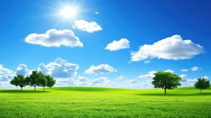 Rolling green hills under a vast blue sky, soft sunlight creating a peaceful landscape with open space for text.