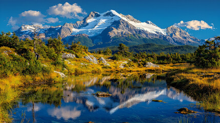 Fototapeta premium Snow-capped mountain peak reflects in a calm alpine lake surrounded by autumn foliage under a blue sky.