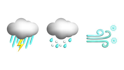 Weather 3d icons realistic isolated vector set. Thunderstorm downpour hail snowstorm. Design weather app web site game logo banner. Meteorology concept.