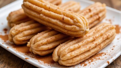 Delicious Churros Dusting with Cinnamon and Sugar on White Plate