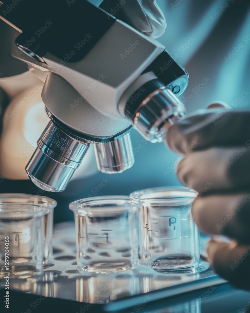 Poster close-up of a scientist using a microscope to examine samples in beakers during a scientific experim