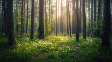 Fototapeta premium Springtime forest with fresh green leaves and blooming wildflowers, soft light, and open sky.