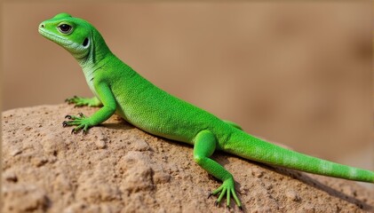 Fototapeta premium Vibrant Green Lizard Resting on Rock Under Natural Sunlight