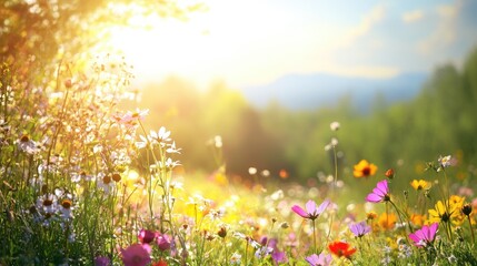 Sunlit meadows with colorful wildflowers in full bloom, bright and open scene for copy space.