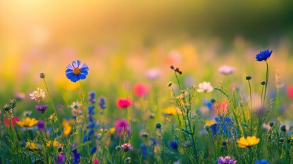 Sunlit meadows with colorful wildflowers in full bloom, bright and open scene for copy space.