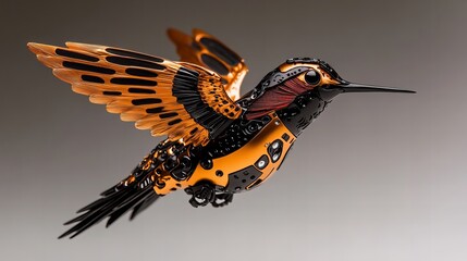 A meticulously crafted metallic hummingbird sculpture in shades of black, gold, and red. Intricate details highlight its mechanical design.