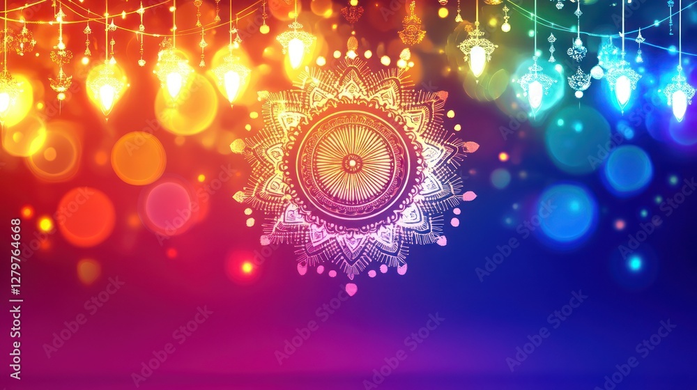 Poster abstract colorful background with bokeh lights and mandala pattern design for festive celebration