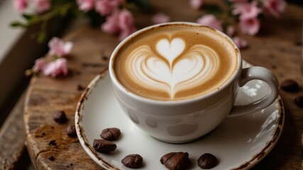 Cozy Coffee Cup with Latte Art and Coffee Beans on Wooden Table