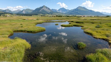 Fototapeta premium Mountain view, tranquil wetland reflection, summer day