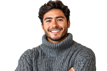 Smiling man in cozy sweater showing confidence