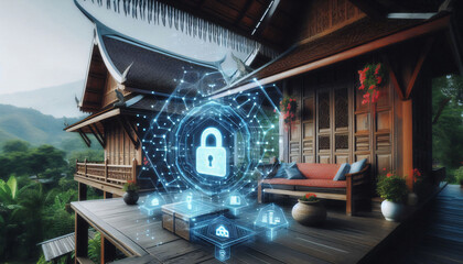 Obraz premium Security protocol mixed with traditional Thai wooden house - Cyber security