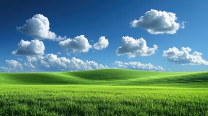 Fototapeta premium Wide open plain of fresh grass, fluffy white clouds drifting in the sky.