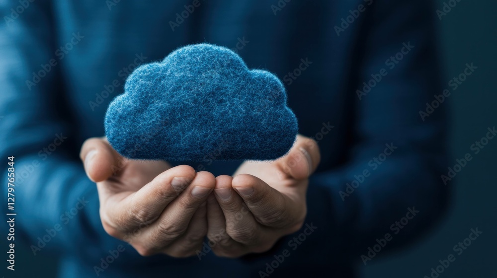 Poster a person holding a blue felt cloud symbolizing data storage and technology with a calm expression, p
